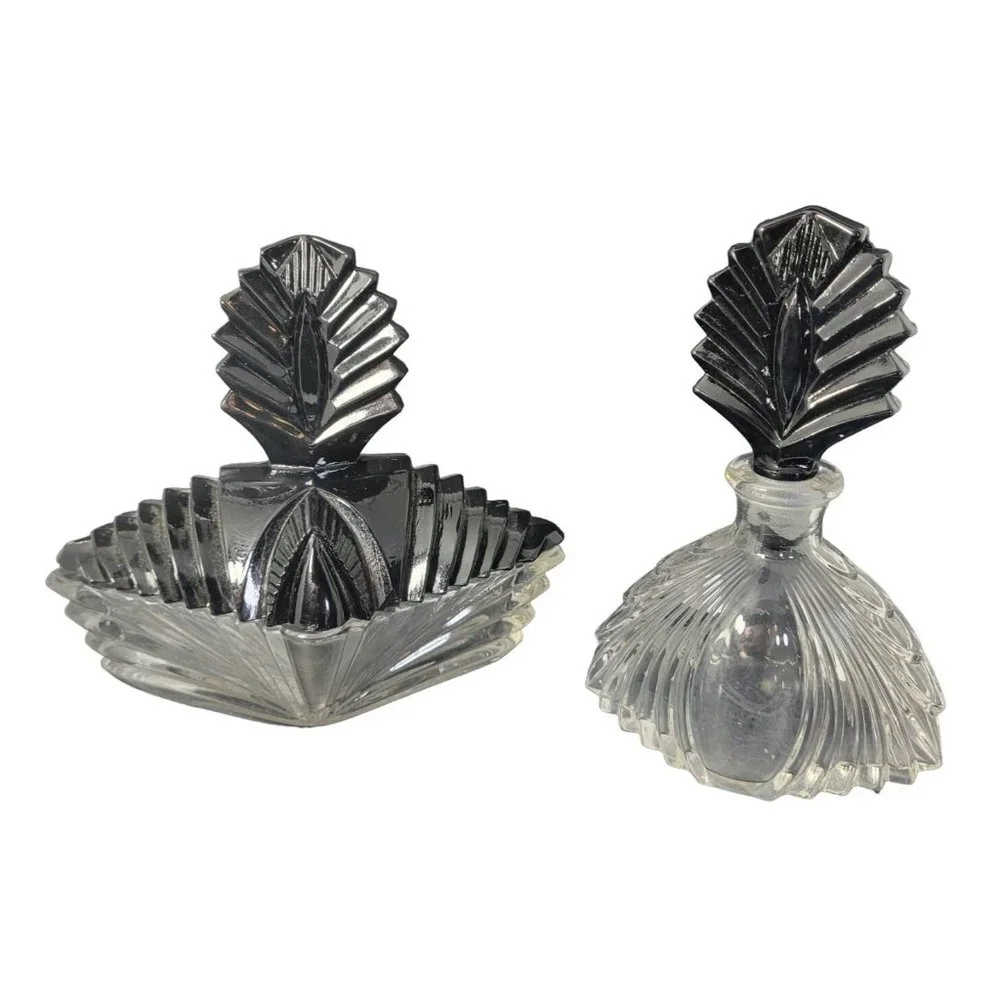 Stunning Vintage Vanity Set Martinsville 1920s Black/Clear Glass Vanity Art deco